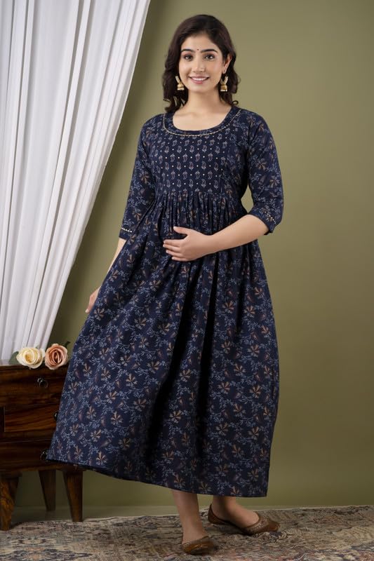 Dark Blue - JAIPURFAME Maternity Feeding Kurti with Zipper | Cotton Floral Printed Pregnancy & Nursing Dress | Comfortable & Stylish Maternity Wear for Women | Breastfeeding Kurta with Zipper | Soft & Elegant