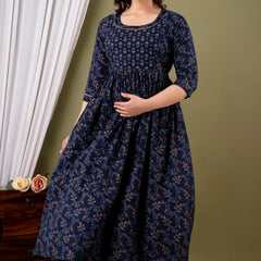 Dark Blue - JAIPURFAME Maternity Feeding Kurti with Zipper | Cotton Floral Printed Pregnancy & Nursing Dress | Comfortable & Stylish Maternity Wear for Women | Breastfeeding Kurta with Zipper | Soft & Elegant
