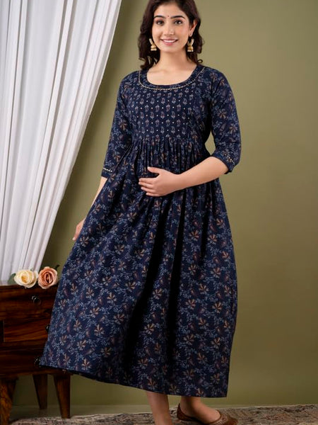 Dark Blue - JAIPURFAME Maternity Feeding Kurti with Zipper | Cotton Floral Printed Pregnancy & Nursing Dress | Comfortable & Stylish Maternity Wear for Women | Breastfeeding Kurta with Zipper | Soft & Elegant