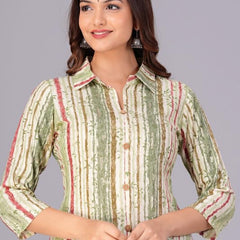 Green - Women's Cotton Kurta | Elegant Rust Stripe Collar-Neck Kurta | Perfect Blend of Comfort & Style | Suitable for Party & Casual Wear