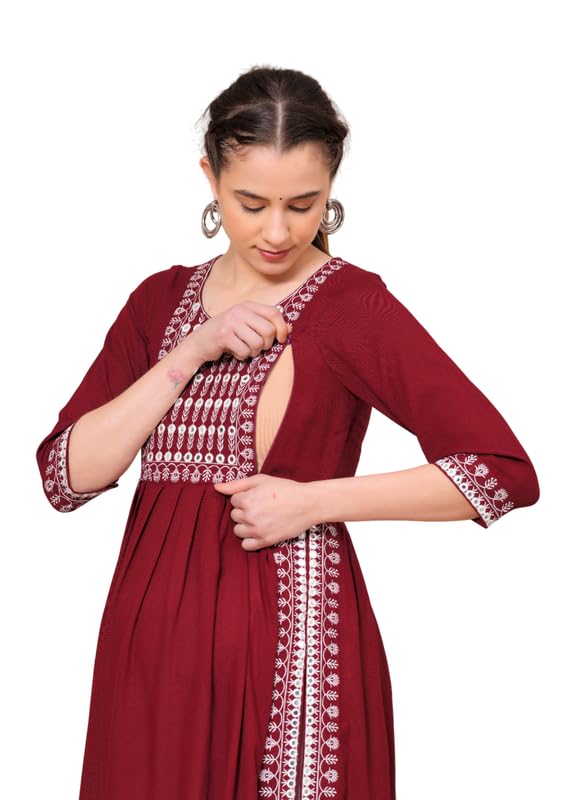Maroon - Maternity Feeding Kurti with Zipper | Cotton Floral Printed Pregnancy & Nursing Dress | Comfortable & Stylish Maternity Wear for Women | Breastfeeding Kurta with Zipper | Soft & Elegant