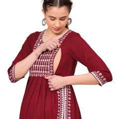 Maroon - Maternity Feeding Kurti with Zipper | Cotton Floral Printed Pregnancy & Nursing Dress | Comfortable & Stylish Maternity Wear for Women | Breastfeeding Kurta with Zipper | Soft & Elegant
