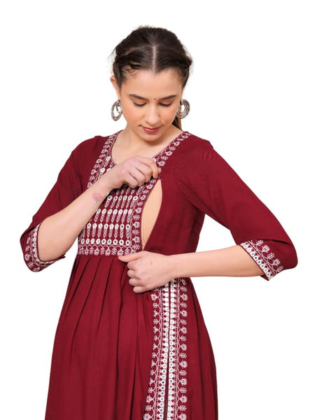 Maroon - Maternity Feeding Kurti with Zipper | Cotton Floral Printed Pregnancy & Nursing Dress | Comfortable & Stylish Maternity Wear for Women | Breastfeeding Kurta with Zipper | Soft & Elegant