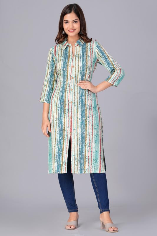 Sky Blue - Women's Cotton Kurta | Elegant Rust Stripe Collar-Neck Kurta | Perfect Blend of Comfort & Style | Suitable for Party & Casual Wear
