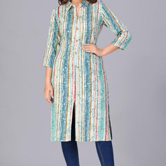 Sky Blue - Women's Cotton Kurta | Elegant Rust Stripe Collar-Neck Kurta | Perfect Blend of Comfort & Style | Suitable for Party & Casual Wear