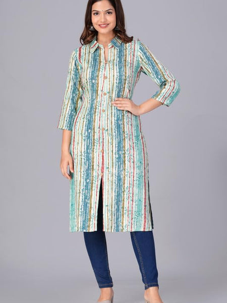 Sky Blue - Women's Cotton Kurta | Elegant Rust Stripe Collar-Neck Kurta | Perfect Blend of Comfort & Style | Suitable for Party & Casual Wear