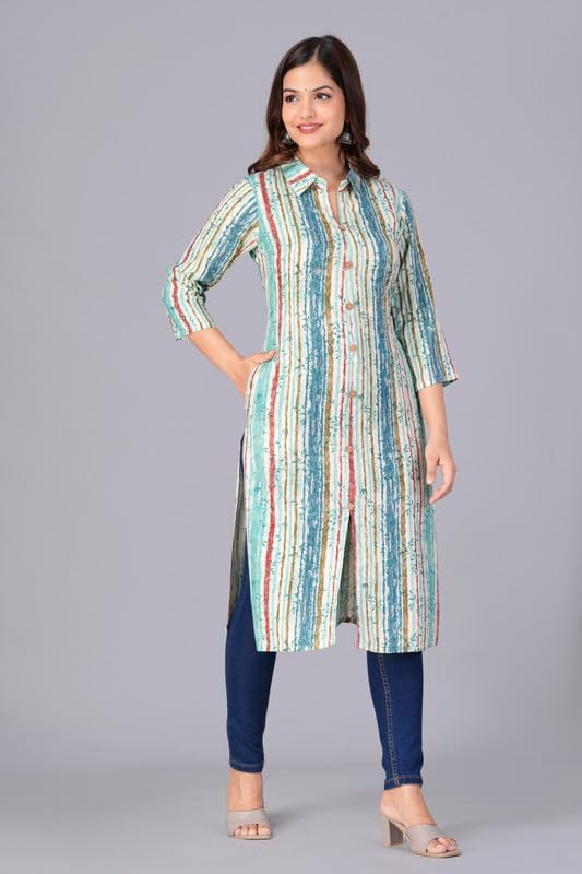 Sky Blue - Women's Cotton Kurta | Elegant Rust Stripe Collar-Neck Kurta | Perfect Blend of Comfort & Style | Suitable for Party & Casual Wear