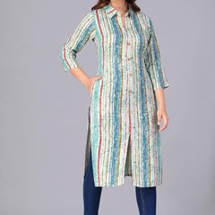 Sky Blue - Women's Cotton Kurta | Elegant Rust Stripe Collar-Neck Kurta | Perfect Blend of Comfort & Style | Suitable for Party & Casual Wear