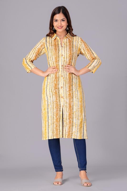 Yellow - Women's Cotton Kurta | Elegant Rust Stripe Collar-Neck Kurta | Perfect Blend of Comfort & Style | Suitable for Party & Casual Wear