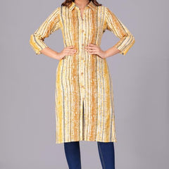 Yellow - Women's Cotton Kurta | Elegant Rust Stripe Collar-Neck Kurta | Perfect Blend of Comfort & Style | Suitable for Party & Casual Wear