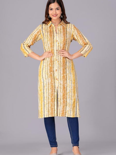 Yellow - Women's Cotton Kurta | Elegant Rust Stripe Collar-Neck Kurta | Perfect Blend of Comfort & Style | Suitable for Party & Casual Wear