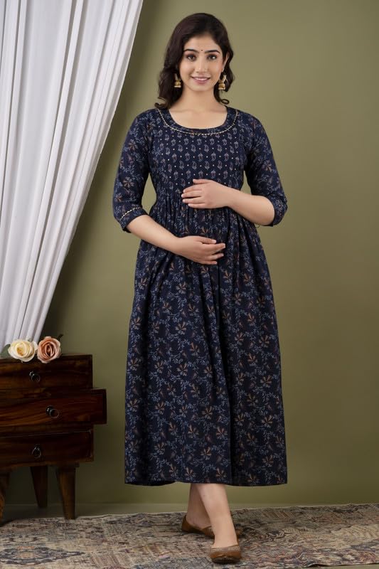 Dark Blue - Maternity Feeding Kurti with Zipper | Cotton Floral Printed Pregnancy & Nursing Dress | Comfortable & Stylish Maternity Wear for Women | Breastfeeding Kurta with Zipper | Soft & Elegant