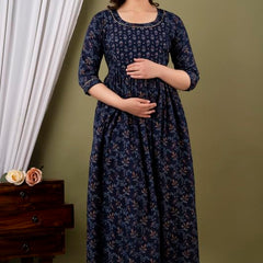Dark Blue - Maternity Feeding Kurti with Zipper | Cotton Floral Printed Pregnancy & Nursing Dress | Comfortable & Stylish Maternity Wear for Women | Breastfeeding Kurta with Zipper | Soft & Elegant