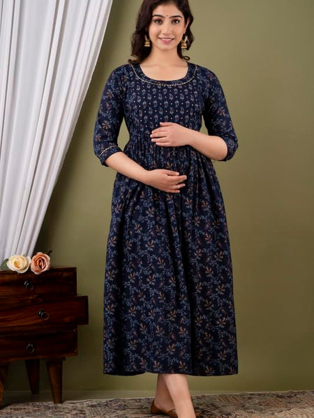 Dark Blue - JAIPURFAME Maternity Feeding Kurti with Zipper | Cotton Floral Printed Pregnancy & Nursing Dress | Comfortable & Stylish Maternity Wear for Women | Breastfeeding Kurta with Zipper | Soft & Elegant