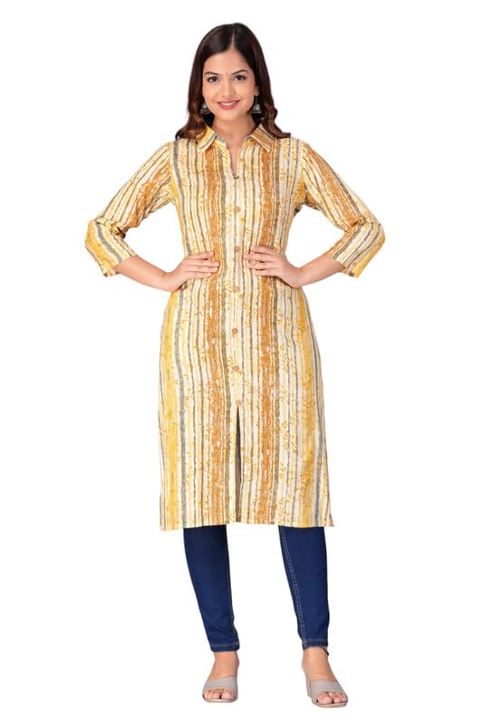 Yellow - Women's Cotton Kurta | Elegant Rust Stripe Collar-Neck Kurta | Perfect Blend of Comfort & Style | Suitable for Party & Casual Wear