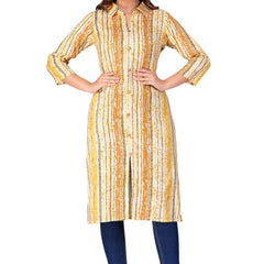 Yellow - Women's Cotton Kurta | Elegant Rust Stripe Collar-Neck Kurta | Perfect Blend of Comfort & Style | Suitable for Party & Casual Wear