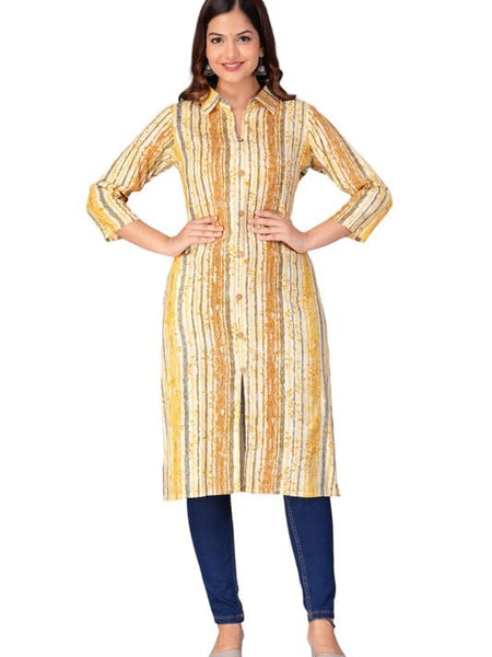 Yellow - Women's Cotton Kurta | Elegant Rust Stripe Collar-Neck Kurta | Perfect Blend of Comfort & Style | Suitable for Party & Casual Wear
