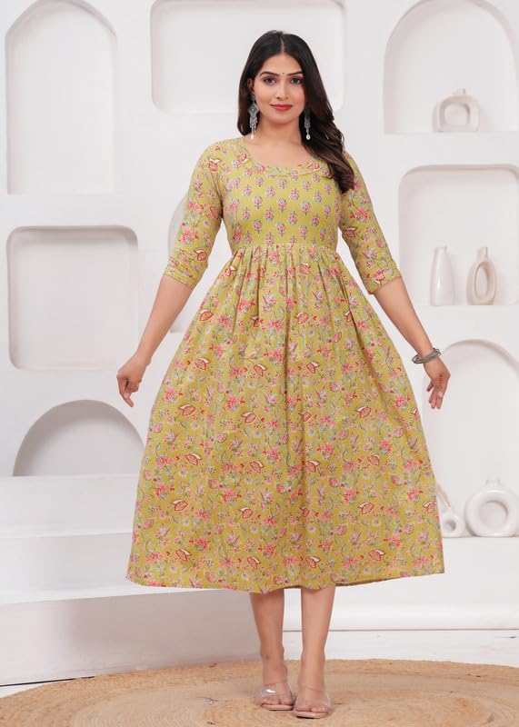 Olive Yellow - Maternity Feeding Kurti with Zipper | Cotton Floral Printed Pregnancy & Nursing Dress | Comfortable & Stylish Maternity Wear for Women | Breastfeeding Kurta with Zipper | Soft & Elegant