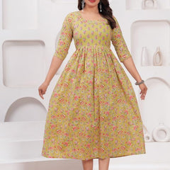 Olive Yellow - Maternity Feeding Kurti with Zipper | Cotton Floral Printed Pregnancy & Nursing Dress | Comfortable & Stylish Maternity Wear for Women | Breastfeeding Kurta with Zipper | Soft & Elegant