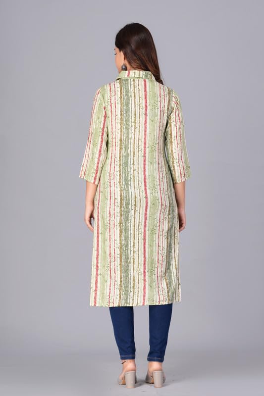 Green - Women's Cotton Kurta | Elegant Rust Stripe Collar-Neck Kurta | Perfect Blend of Comfort & Style | Suitable for Party & Casual Wear