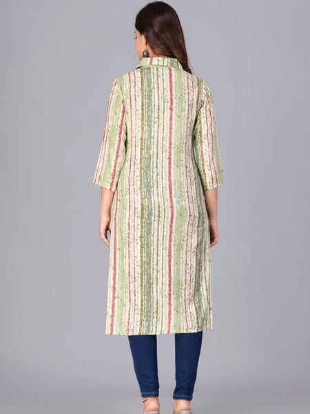 Green - Women's Cotton Kurta | Elegant Rust Stripe Collar-Neck Kurta | Perfect Blend of Comfort & Style | Suitable for Party & Casual Wear