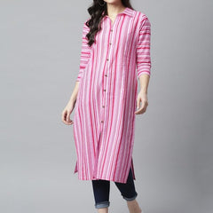 Pink - Women's Rayon Kurta | Elegant Rust Stripe Collar-Neck Kurta | Perfect Blend of Comfort & Style | Suitable for Party & Casual Wear