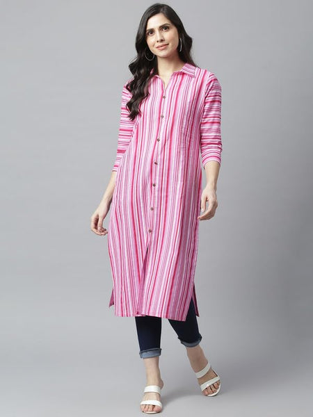 Pink - Women's Rayon Kurta | Elegant Rust Stripe Collar-Neck Kurta | Perfect Blend of Comfort & Style | Suitable for Party & Casual Wear