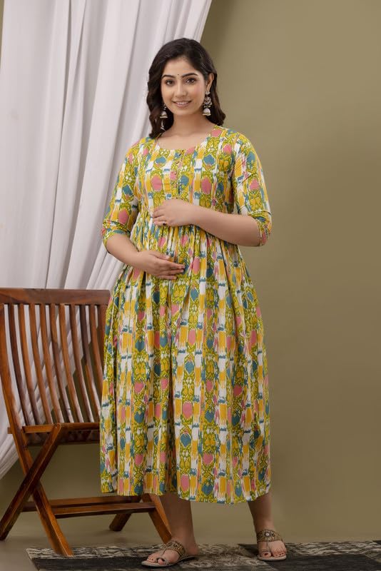 Patron - Maternity Feeding Kurti with Zipper | Cotton Floral Printed Pregnancy & Nursing Dress | Comfortable & Stylish Maternity Wear for Women | Breastfeeding Kurta with Zipper | Soft & Elegant