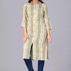 Green - Women's Cotton Kurta | Elegant Rust Stripe Collar-Neck Kurta | Perfect Blend of Comfort & Style | Suitable for Party & Casual Wear
