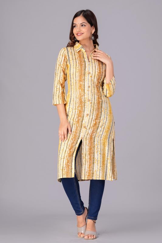 Yellow - Women's Cotton Kurta | Elegant Rust Stripe Collar-Neck Kurta | Perfect Blend of Comfort & Style | Suitable for Party & Casual Wear