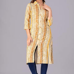Yellow - Women's Cotton Kurta | Elegant Rust Stripe Collar-Neck Kurta | Perfect Blend of Comfort & Style | Suitable for Party & Casual Wear
