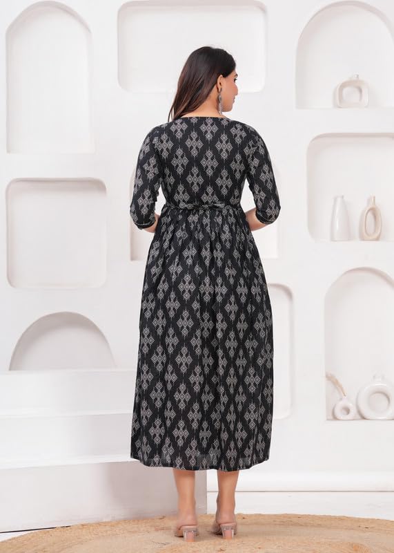 Black - Maternity Feeding Kurti with Zipper | Cotton Floral Printed Pregnancy & Nursing Dress | Comfortable & Stylish Maternity Wear for Women | Breastfeeding Kurta with Zipper | Soft & Elegant