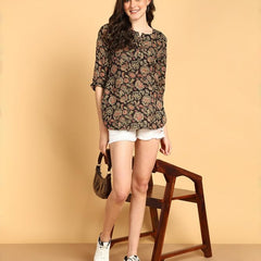 Classy Black - Women's Floral Printed Cotton Top - Stylish Long Top with Mandarin Collar, Perfect for Jeans, Ideal for Casual & Ethnic Wear