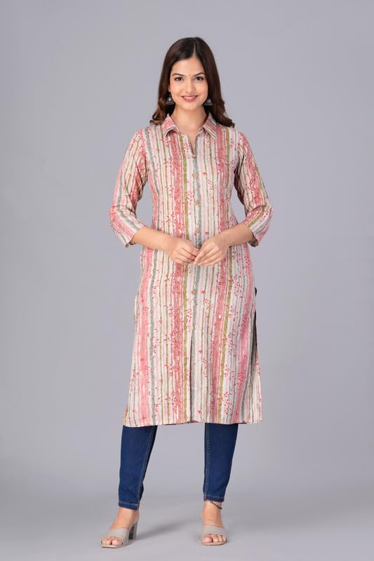 Peach - Women's Cotton Kurta | Elegant Rust Stripe Collar-Neck Kurta | Perfect Blend of Comfort & Style | Suitable for Party & Casual Wear