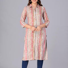 Peach - Women's Cotton Kurta | Elegant Rust Stripe Collar-Neck Kurta | Perfect Blend of Comfort & Style | Suitable for Party & Casual Wear