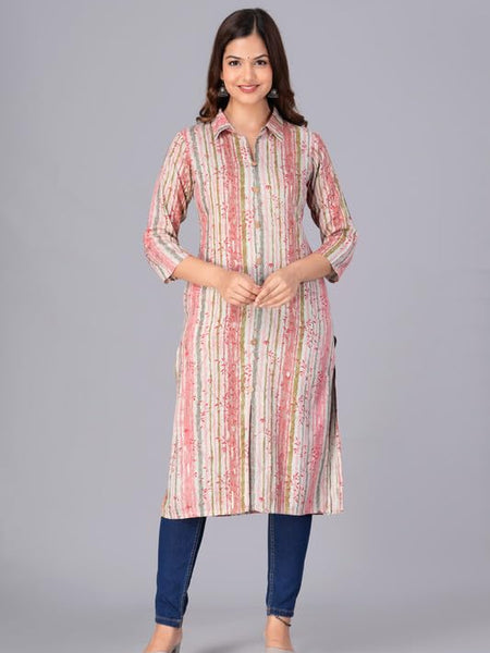 Peach - Women's Cotton Kurta | Elegant Rust Stripe Collar-Neck Kurta | Perfect Blend of Comfort & Style | Suitable for Party & Casual Wear