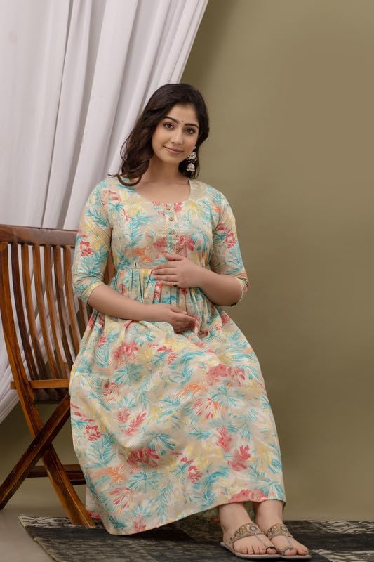 CREAM - JAIPURFAME Maternity Feeding Kurti with Zipper | Cotton Floral Printed Pregnancy & Nursing Dress | Comfortable & Stylish Maternity Wear for Women | Breastfeeding Kurta with Zipper | Soft & Elegant
