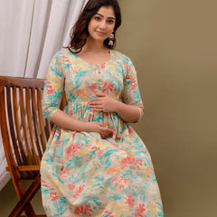 CREAM - JAIPURFAME Maternity Feeding Kurti with Zipper | Cotton Floral Printed Pregnancy & Nursing Dress | Comfortable & Stylish Maternity Wear for Women | Breastfeeding Kurta with Zipper | Soft & Elegant