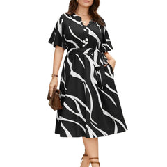 Black - One Piece Dress for Women, New American Print Rayon Midi Dress, Stylish, Modern Party Outfit, Perfect for Casual and Formal Occasions