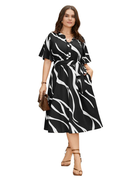 Black - One Piece Dress for Women, New American Print Rayon Midi Dress, Stylish, Modern Party Outfit, Perfect for Casual and Formal Occasions
