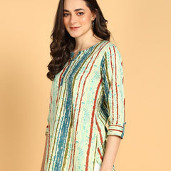 Sky Blue - Women's Floral Printed Cotton Top - Stylish Long Top with Mandarin Collar, Perfect for Jeans, Ideal for Casual & Ethnic Wear