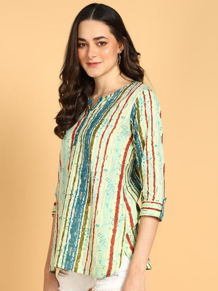 Sky Blue - Women's Floral Printed Cotton Top - Stylish Long Top with Mandarin Collar, Perfect for Jeans, Ideal for Casual & Ethnic Wear