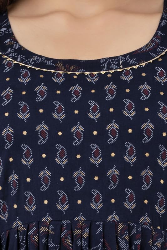 Dark Blue - Maternity Feeding Kurti with Zipper | Cotton Floral Printed Pregnancy & Nursing Dress | Comfortable & Stylish Maternity Wear for Women | Breastfeeding Kurta with Zipper | Soft & Elegant