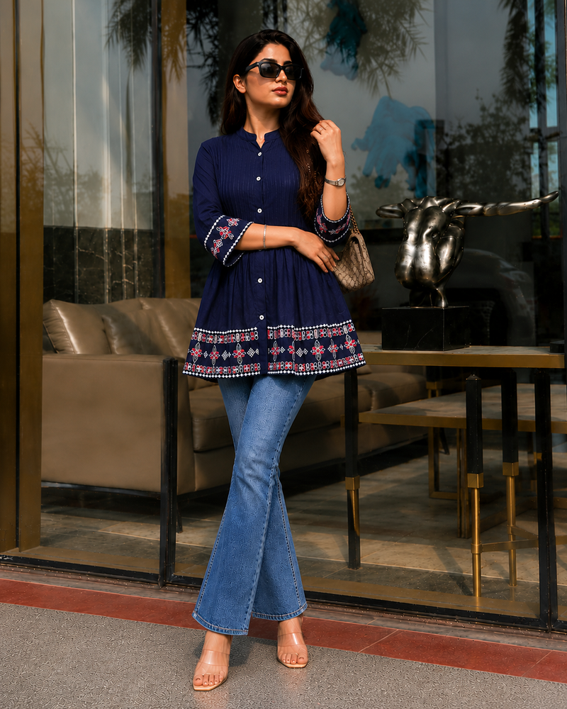 Elegant Blue Rayon Embroidered Top