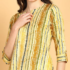 Yellow Multi - Women's Floral Printed Cotton Top - Stylish Long Top with Mandarin Collar, Perfect for Jeans, Ideal for Casual & Ethnic Wear