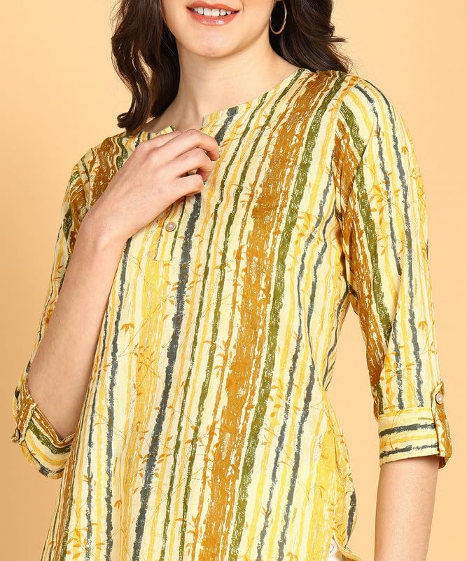 Yellow Multi - Women's Floral Printed Cotton Top - Stylish Long Top with Mandarin Collar, Perfect for Jeans, Ideal for Casual & Ethnic Wear