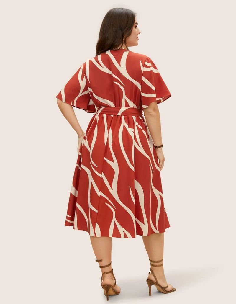 Red - One Piece Dress for Women, New American Print Rayon Midi Dress, Stylish, Modern Party Outfit, Perfect for Casual and Formal Occasions