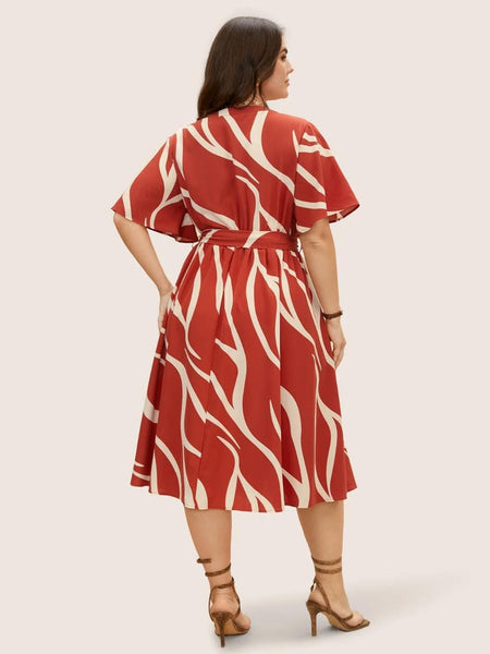 Red - One Piece Dress for Women, New American Print Rayon Midi Dress, Stylish, Modern Party Outfit, Perfect for Casual and Formal Occasions