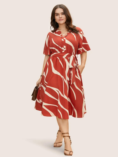 Red - One Piece Dress for Women, New American Print Rayon Midi Dress, Stylish, Modern Party Outfit, Perfect for Casual and Formal Occasions