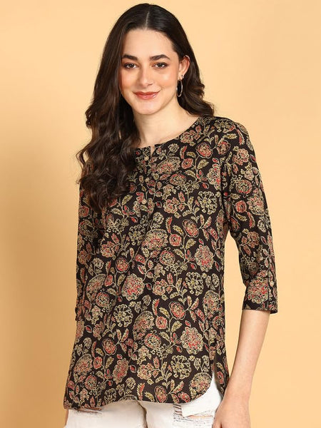 Classy Black - Women's Floral Printed Cotton Top - Stylish Long Top with Mandarin Collar, Perfect for Jeans, Ideal for Casual & Ethnic Wear